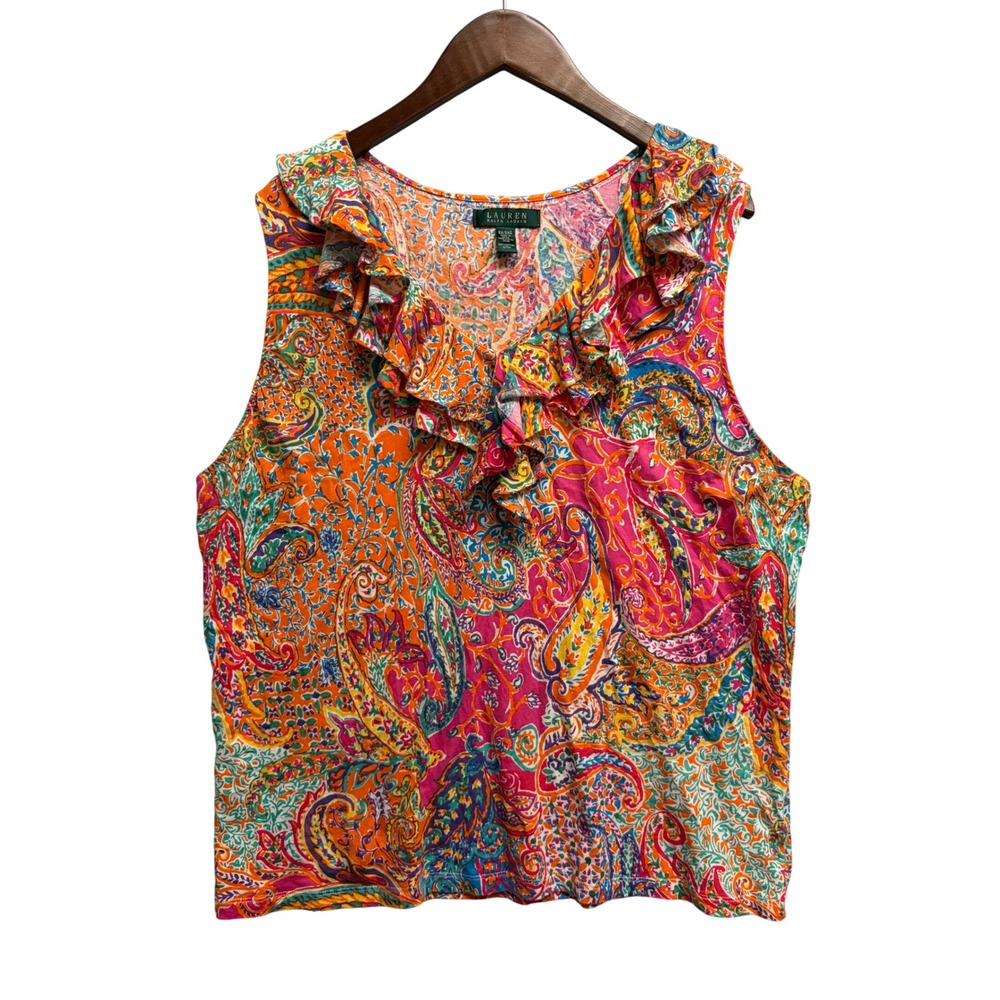 Lauren Ralph Lauren Blouse 3X Paisley Ruffle V-Neck Sleeveless Top Pink Orange